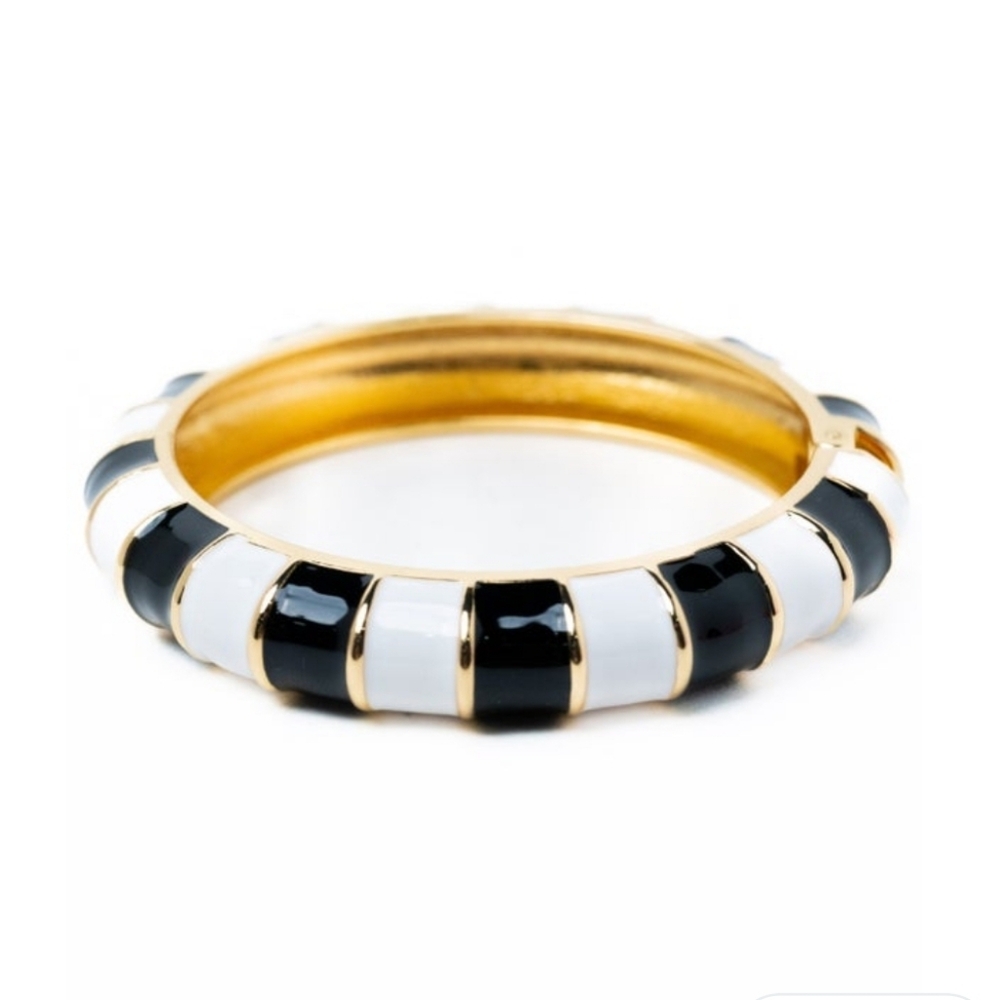 Ysabel Goldb Hinged Bangle Bracelet with Black and White Strips, NIP